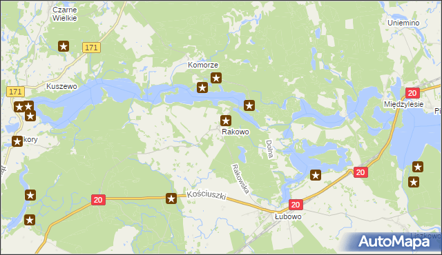 mapa Rakowo gmina Borne Sulinowo, Rakowo gmina Borne Sulinowo na mapie Targeo