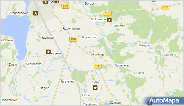 mapa Rarwino gmina Kamień Pomorski, Rarwino gmina Kamień Pomorski na mapie Targeo