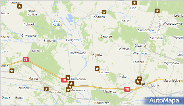 mapa Rębów gmina Kije, Rębów gmina Kije na mapie Targeo