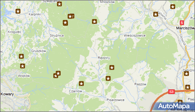 mapa Rędziny gmina Kamienna Góra, Rędziny gmina Kamienna Góra na mapie Targeo