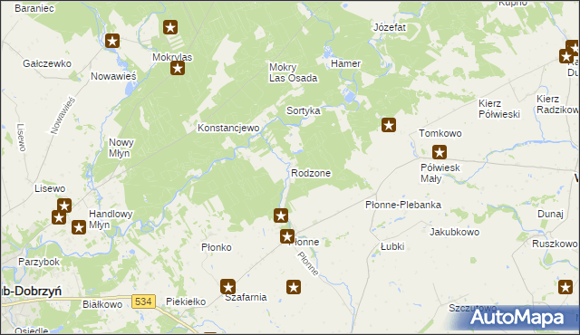 mapa Rodzone gmina Radomin, Rodzone gmina Radomin na mapie Targeo