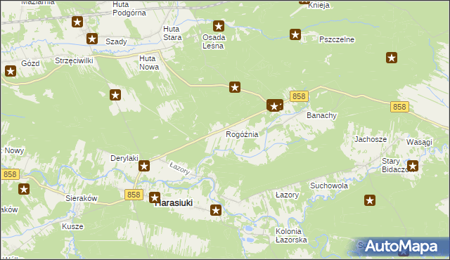 mapa Rogóźnia gmina Harasiuki, Rogóźnia gmina Harasiuki na mapie Targeo