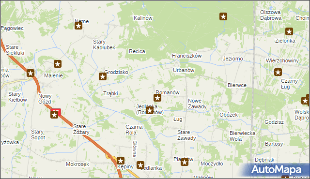mapa Romanów gmina Jedlińsk, Romanów gmina Jedlińsk na mapie Targeo
