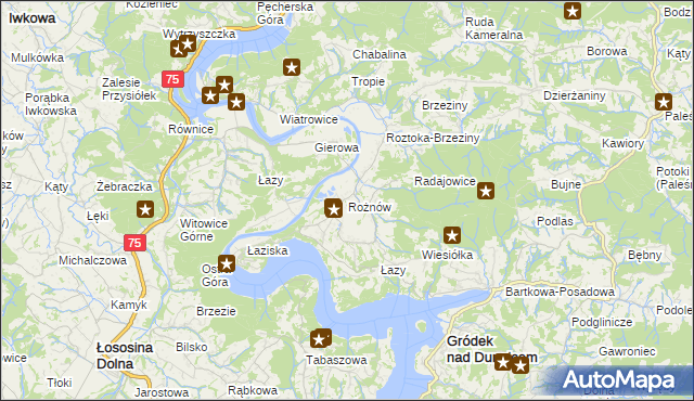 mapa Rożnów gmina Gródek nad Dunajcem, Rożnów gmina Gródek nad Dunajcem na mapie Targeo