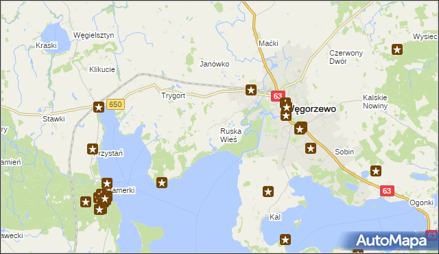 mapa Ruska Wieś gmina Węgorzewo, Ruska Wieś gmina Węgorzewo na mapie Targeo