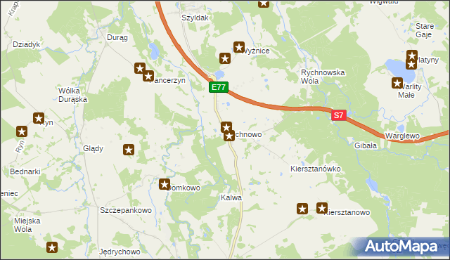 mapa Rychnowo gmina Grunwald, Rychnowo gmina Grunwald na mapie Targeo