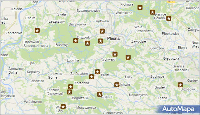 mapa Rychwałd gmina Pleśna, Rychwałd gmina Pleśna na mapie Targeo