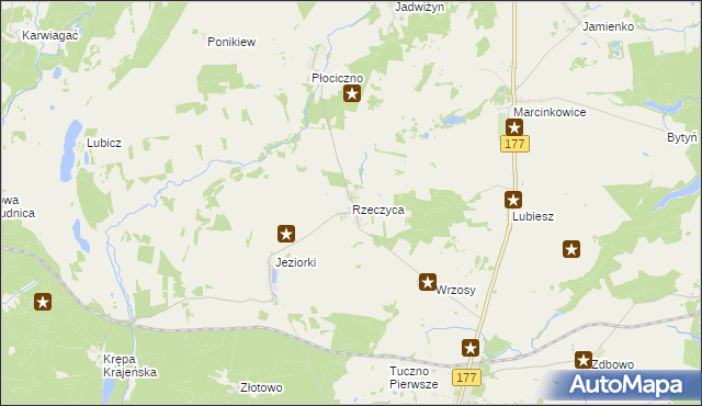 mapa Rzeczyca gmina Tuczno, Rzeczyca gmina Tuczno na mapie Targeo