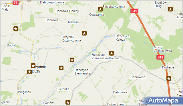 mapa Rzeczyca Ziemiańska-Kolonia, Rzeczyca Ziemiańska-Kolonia na mapie Targeo
