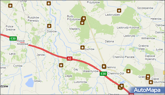 mapa Rzuchów gmina Dąbie, Rzuchów gmina Dąbie na mapie Targeo