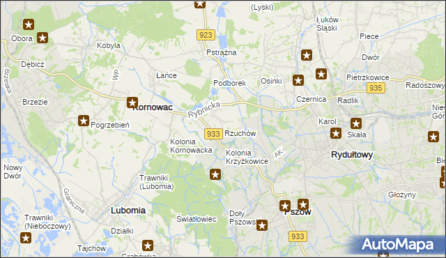 mapa Rzuchów gmina Kornowac, Rzuchów gmina Kornowac na mapie Targeo