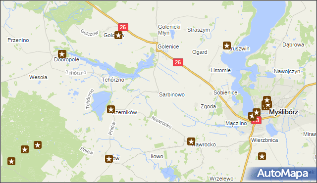 mapa Sarbinowo gmina Myślibórz, Sarbinowo gmina Myślibórz na mapie Targeo