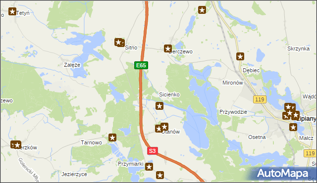 mapa Sicienko gmina Myślibórz, Sicienko gmina Myślibórz na mapie Targeo