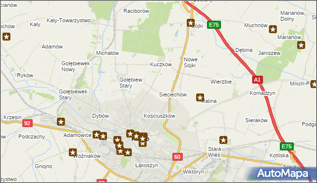 mapa Sieciechów gmina Kutno, Sieciechów gmina Kutno na mapie Targeo