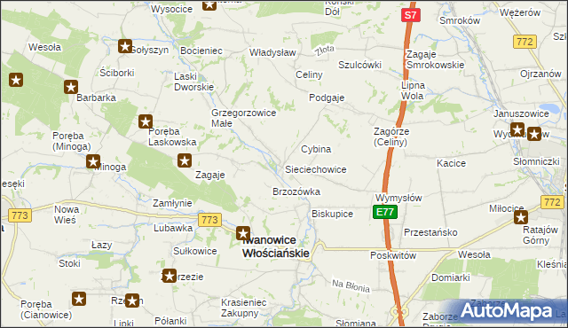 mapa Sieciechowice gmina Iwanowice, Sieciechowice gmina Iwanowice na mapie Targeo