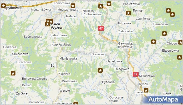 mapa Sieniawa gmina Raba Wyżna, Sieniawa gmina Raba Wyżna na mapie Targeo