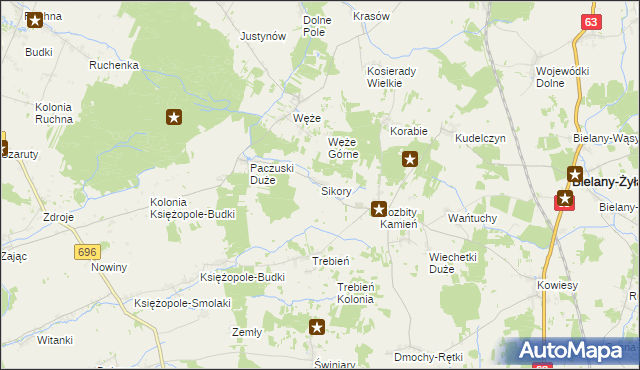 mapa Sikory gmina Bielany, Sikory gmina Bielany na mapie Targeo