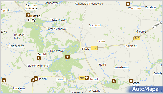 mapa Sikórz gmina Brudzeń Duży, Sikórz gmina Brudzeń Duży na mapie Targeo