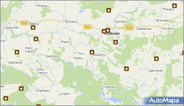 mapa Skowrony gmina Godkowo, Skowrony gmina Godkowo na mapie Targeo