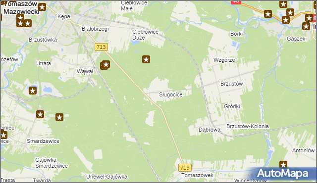 mapa Sługocice gmina Tomaszów Mazowiecki, Sługocice gmina Tomaszów Mazowiecki na mapie Targeo