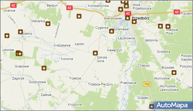 mapa Sokola Góra gmina Wielgomłyny, Sokola Góra gmina Wielgomłyny na mapie Targeo