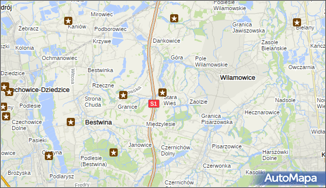 mapa Stara Wieś gmina Wilamowice, Stara Wieś gmina Wilamowice na mapie Targeo