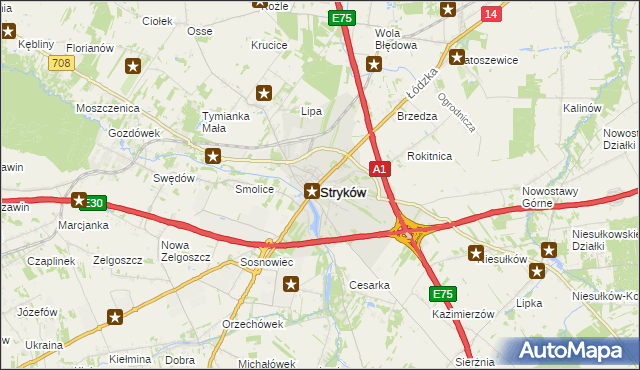 mapa Stryków powiat zgierski, Stryków powiat zgierski na mapie Targeo