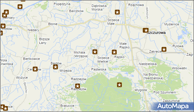 mapa Strzelce Wielkie gmina Szczurowa, Strzelce Wielkie gmina Szczurowa na mapie Targeo