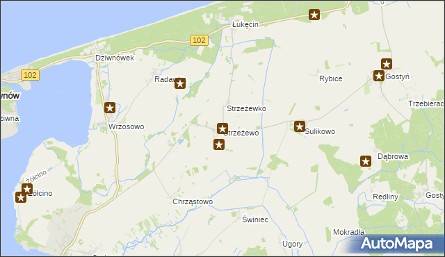 mapa Strzeżewo gmina Kamień Pomorski, Strzeżewo gmina Kamień Pomorski na mapie Targeo