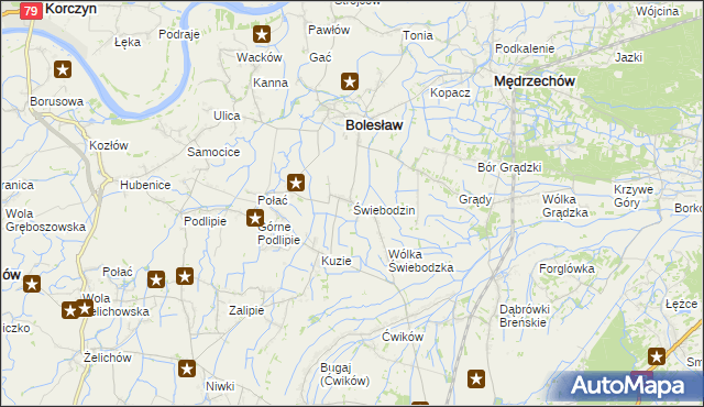 mapa Świebodzin gmina Bolesław, Świebodzin gmina Bolesław na mapie Targeo