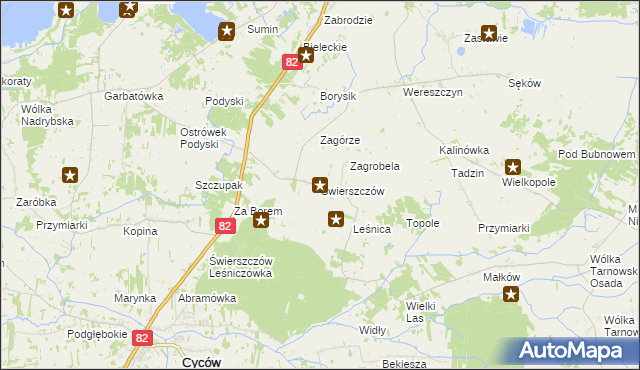 mapa Świerszczów gmina Cyców, Świerszczów gmina Cyców na mapie Targeo