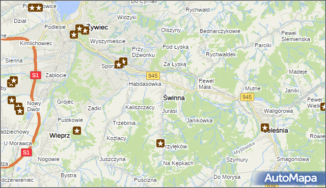 mapa Świnna powiat żywiecki, Świnna powiat żywiecki na mapie Targeo