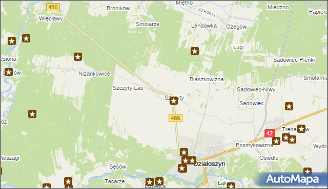 mapa Szczyty gmina Działoszyn, Szczyty gmina Działoszyn na mapie Targeo