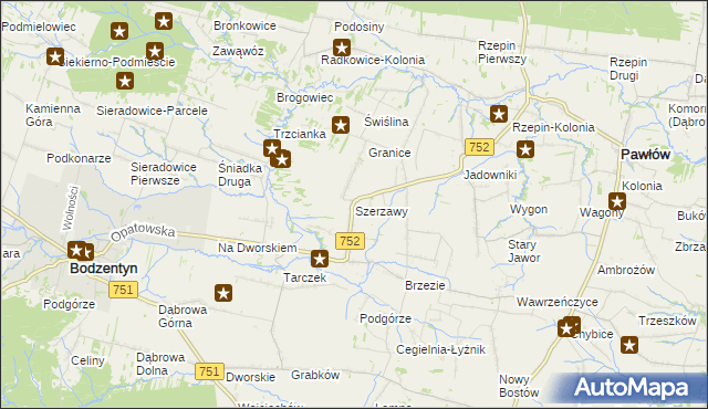 mapa Szerzawy gmina Pawłów, Szerzawy gmina Pawłów na mapie Targeo