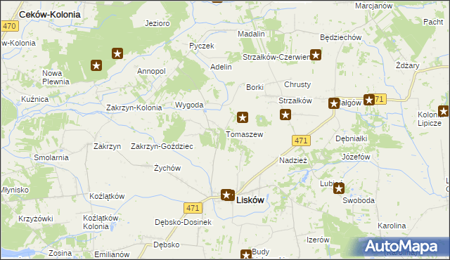 mapa Tomaszew gmina Lisków, Tomaszew gmina Lisków na mapie Targeo