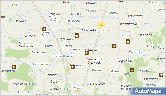 mapa Tomaszew gmina Olszówka, Tomaszew gmina Olszówka na mapie Targeo