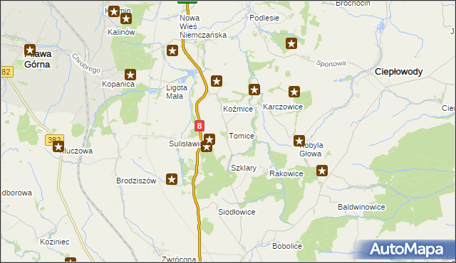 mapa Tomice gmina Ciepłowody, Tomice gmina Ciepłowody na mapie Targeo