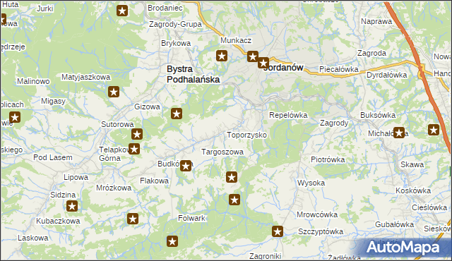 mapa Toporzysko gmina Jordanów, Toporzysko gmina Jordanów na mapie Targeo