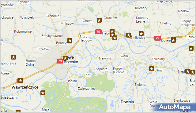 mapa Trawniki gmina Drwinia, Trawniki gmina Drwinia na mapie Targeo
