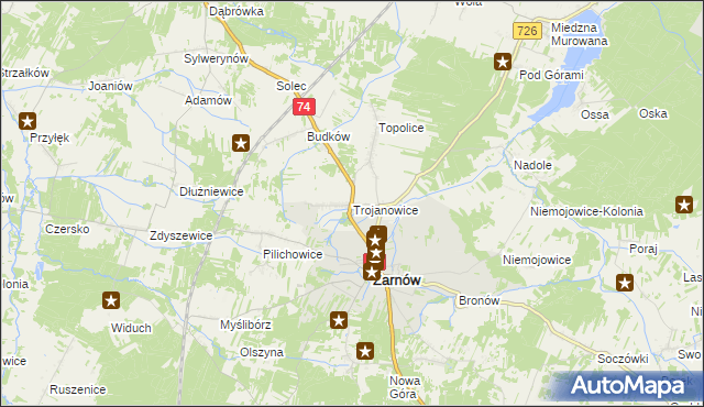 mapa Trojanowice gmina Żarnów, Trojanowice gmina Żarnów na mapie Targeo