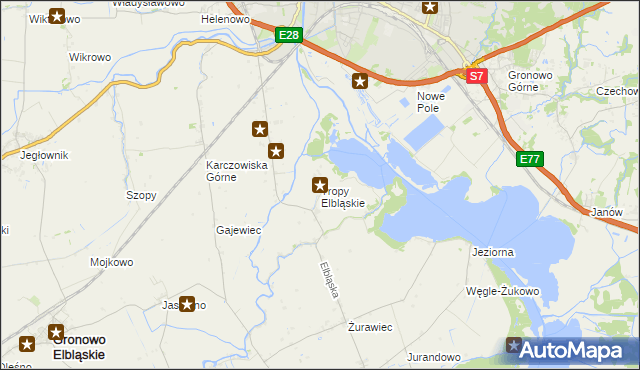 mapa Tropy Elbląskie, Tropy Elbląskie na mapie Targeo