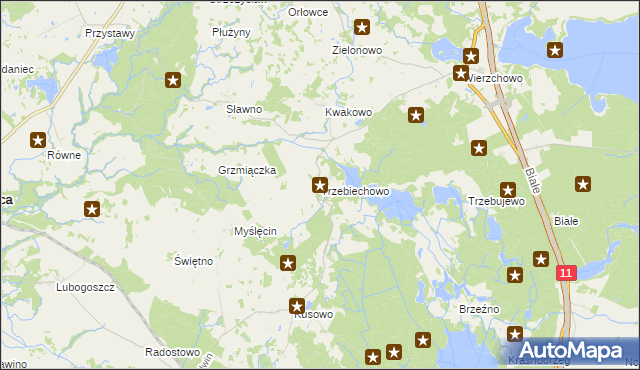 mapa Trzebiechowo gmina Szczecinek, Trzebiechowo gmina Szczecinek na mapie Targeo