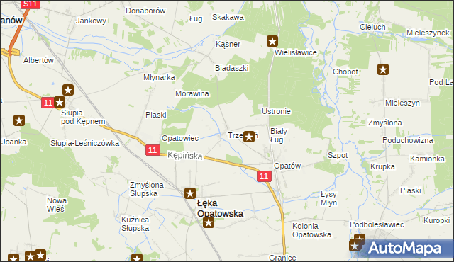 mapa Trzebień gmina Łęka Opatowska, Trzebień gmina Łęka Opatowska na mapie Targeo