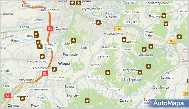 mapa Trzebinia gmina Świnna, Trzebinia gmina Świnna na mapie Targeo