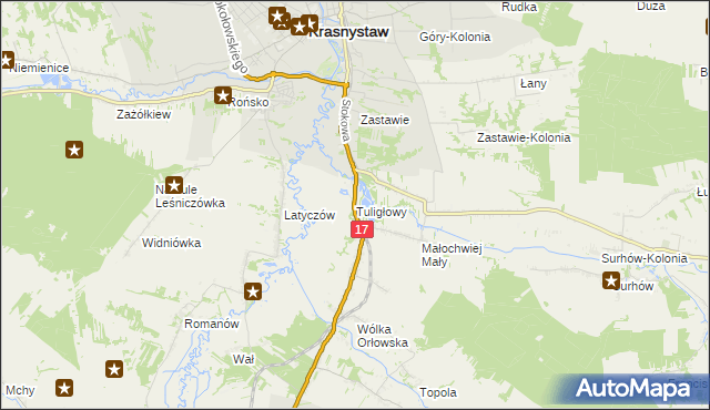 mapa Tuligłowy gmina Krasnystaw, Tuligłowy gmina Krasnystaw na mapie Targeo