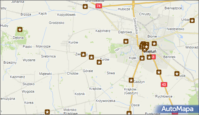 mapa Turów gmina Wieluń, Turów gmina Wieluń na mapie Targeo
