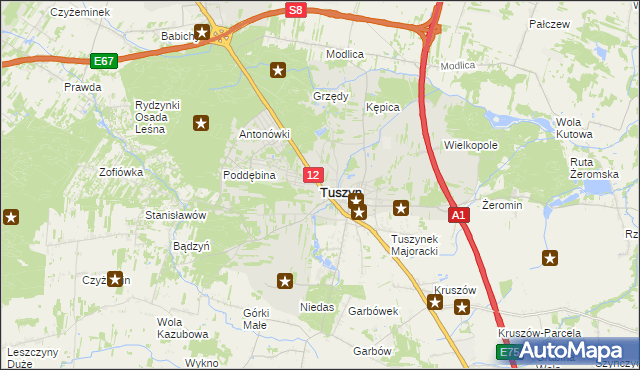 mapa Tuszyn powiat łódzki wschodni, Tuszyn powiat łódzki wschodni na mapie Targeo