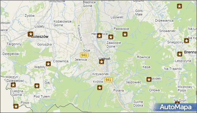 mapa Ustroń powiat cieszyński, Ustroń powiat cieszyński na mapie Targeo