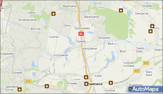 mapa Warszowice, Warszowice na mapie Targeo