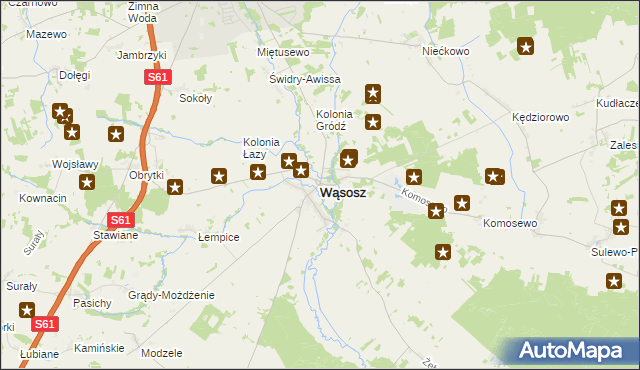 mapa Wąsosz powiat grajewski, Wąsosz powiat grajewski na mapie Targeo